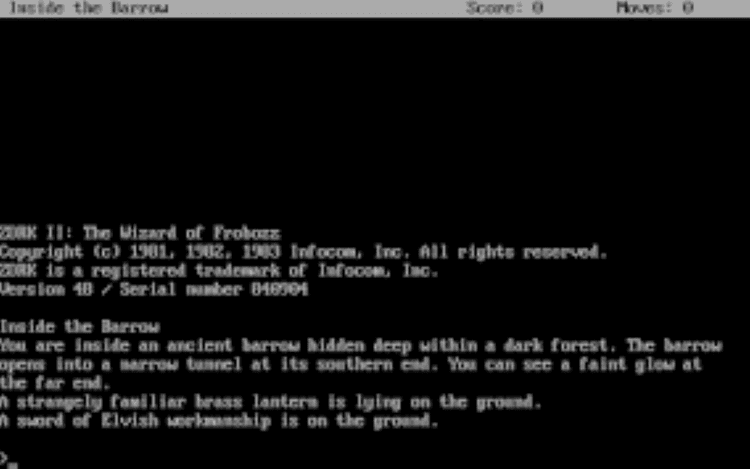 Gameplay screen of Zork II The Wizard of Frobozz (3/4)