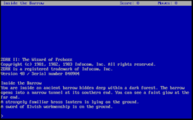 Gameplay screen of Zork II The Wizard of Frobozz (2/4)