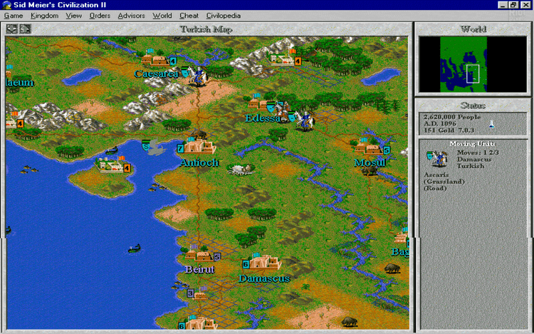 Gameplay screen of Sid Meier's Civilization II: Conflicts in Civilization (5/8)