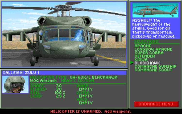 Gameplay screen of Gunship 2000 (5/8)