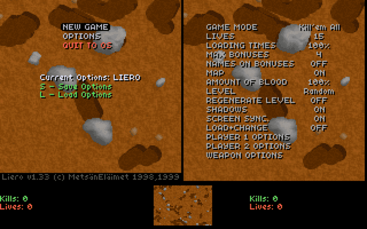 Gameplay screen of Liero (1/8)