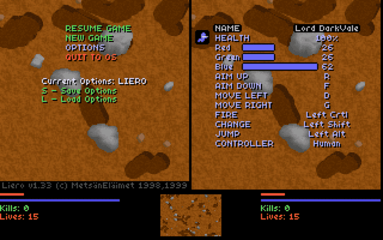 Gameplay screen of Liero (3/8)