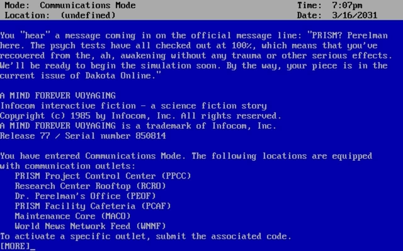 Gameplay screen of A Mind Forever Voyaging (4/4)