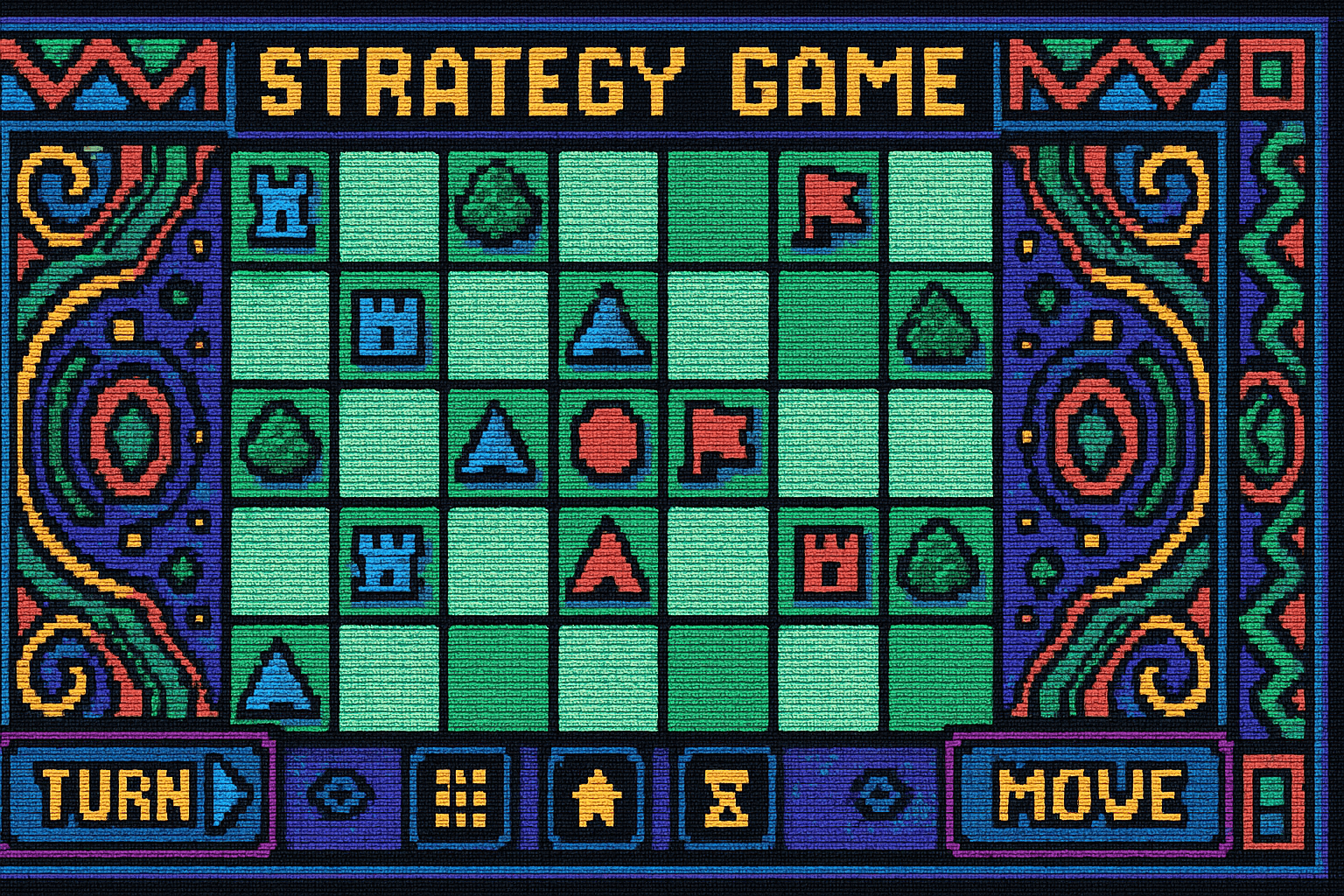 A retro-style board game setup illustrating strategic elements