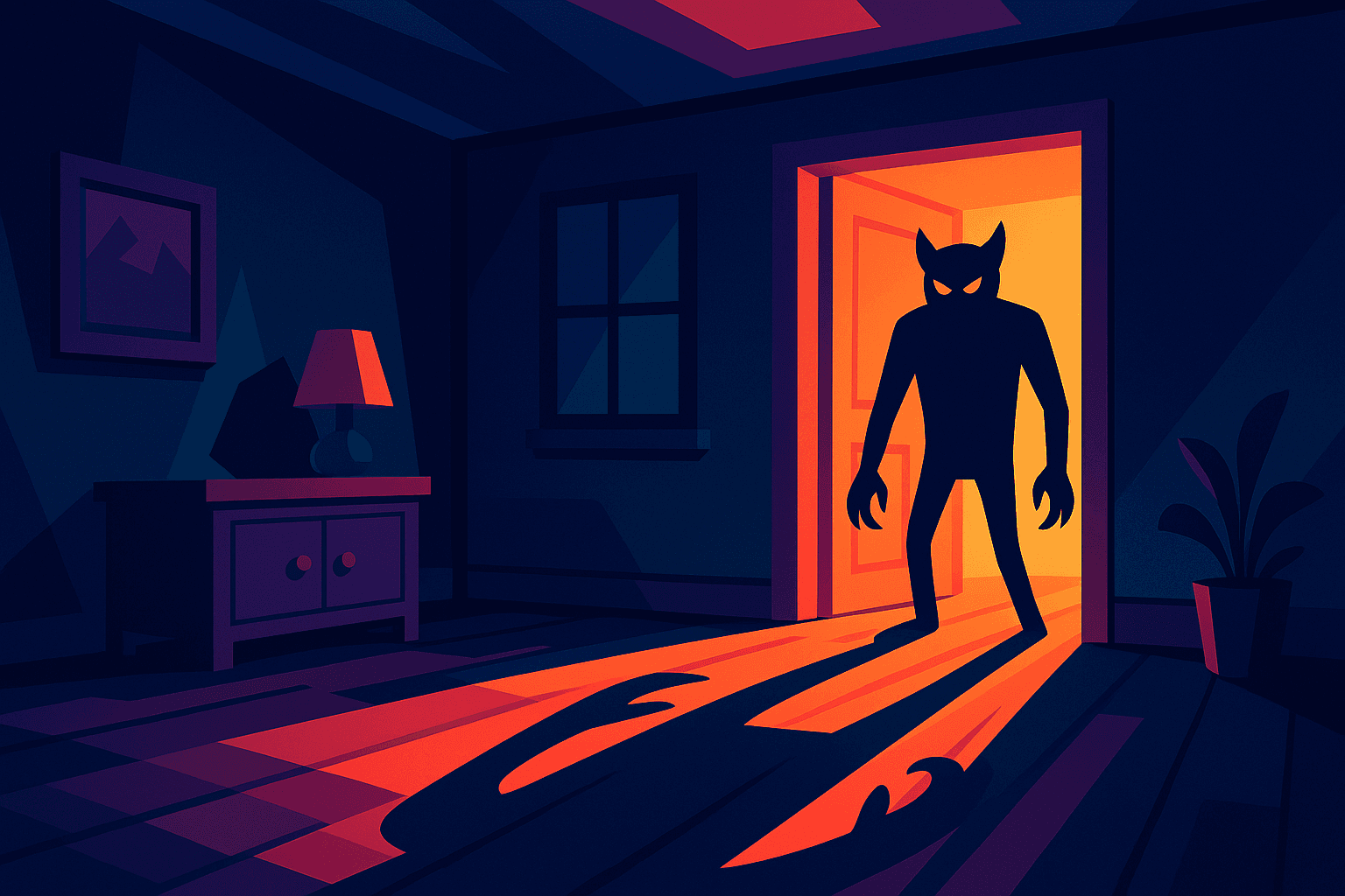 Eerie silhouette in a dimly lit room casting long shadows, creating suspense.