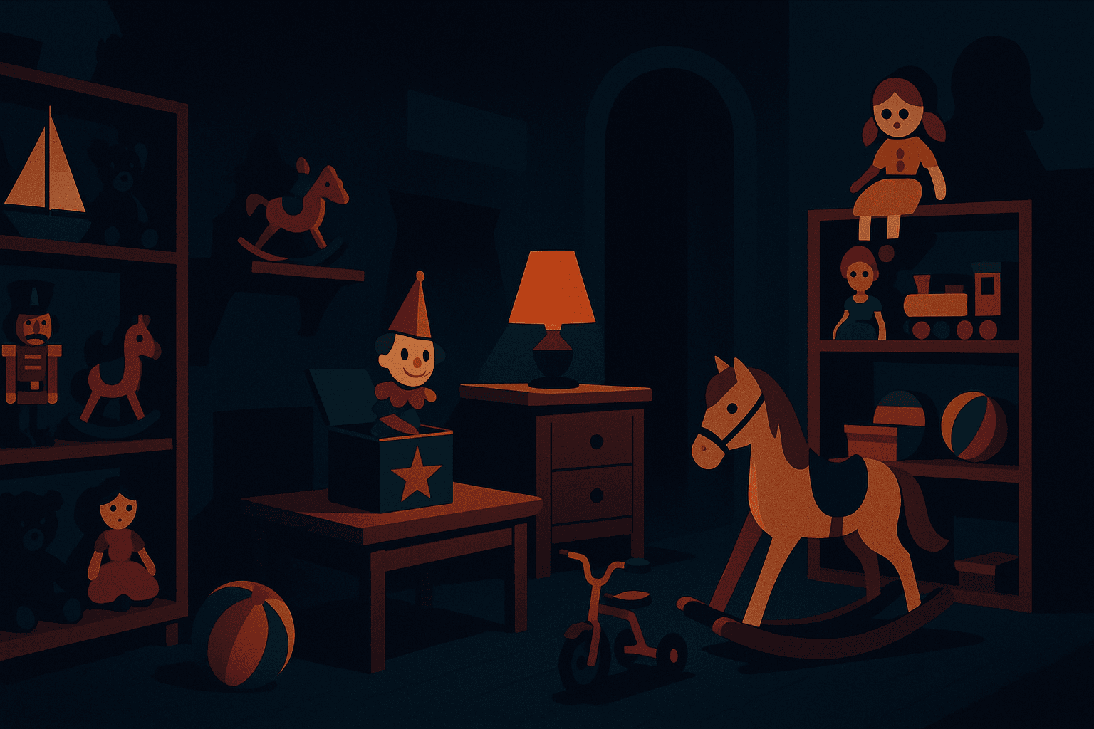 A shadowy toyshop filled with mysterious toys and dark corners.