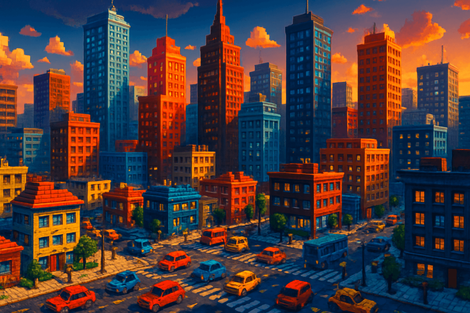 Pixelated cityscape from a 90s simulation game