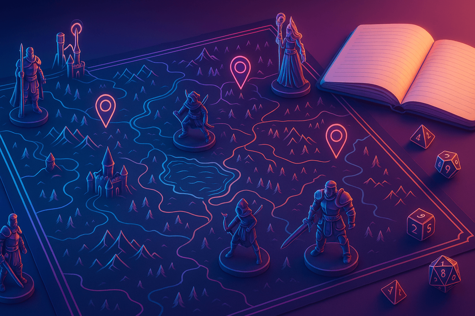 A fantasy map and gaming dice setup reminiscent of classic 90s RPGs.