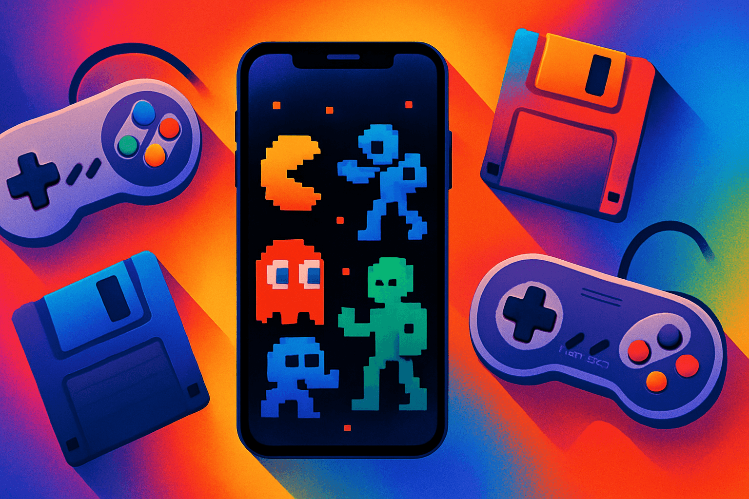 Old-school DOS game characters on a smartphone screen with retro gaming elements around.