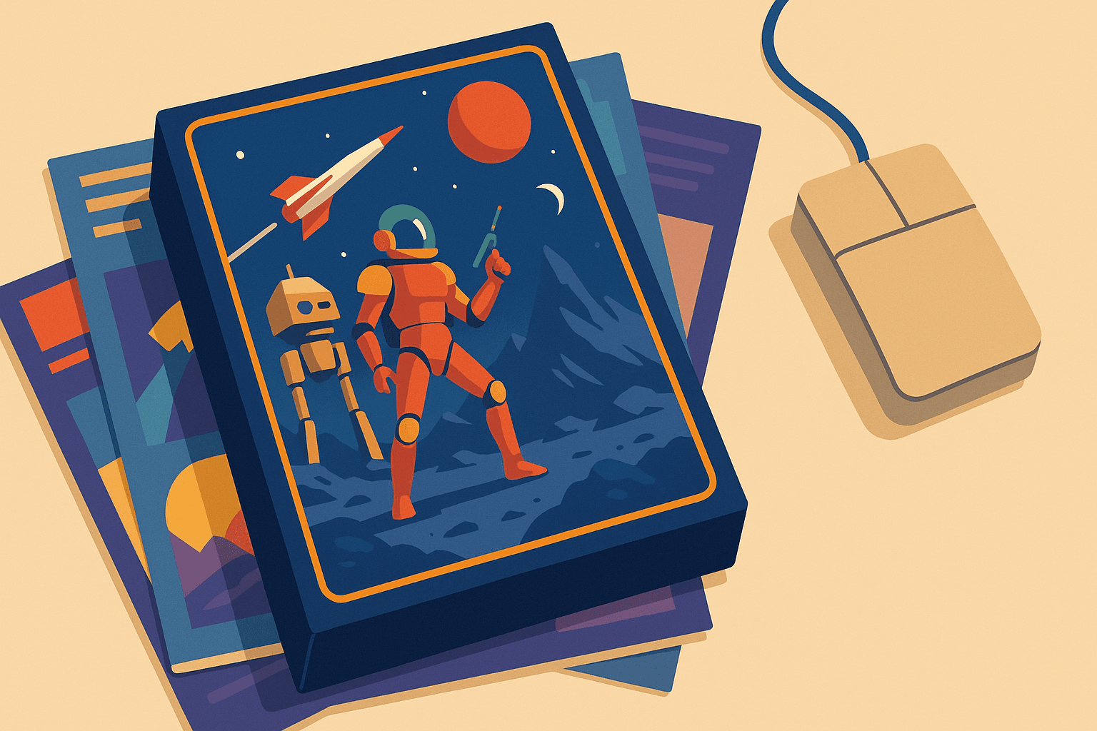 Vintage game box with sci-fi artwork and retro gaming accessories.