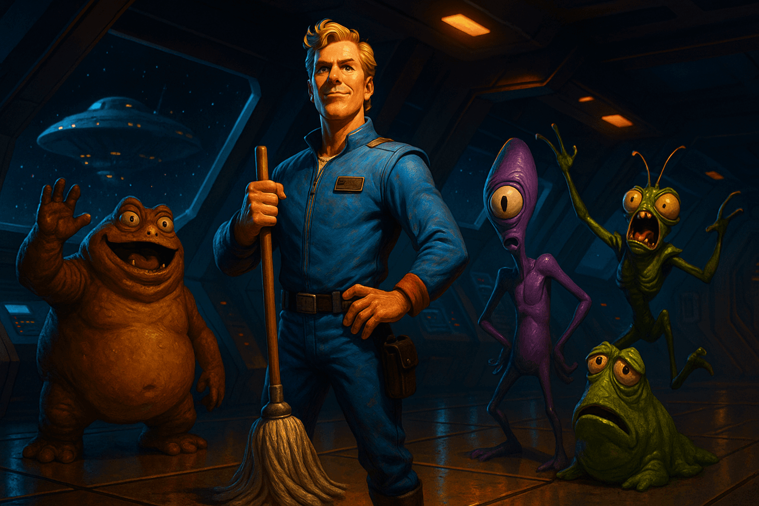 Una escena de aventura espacial humorística con un conserje y alienígenas en una nave estelar.