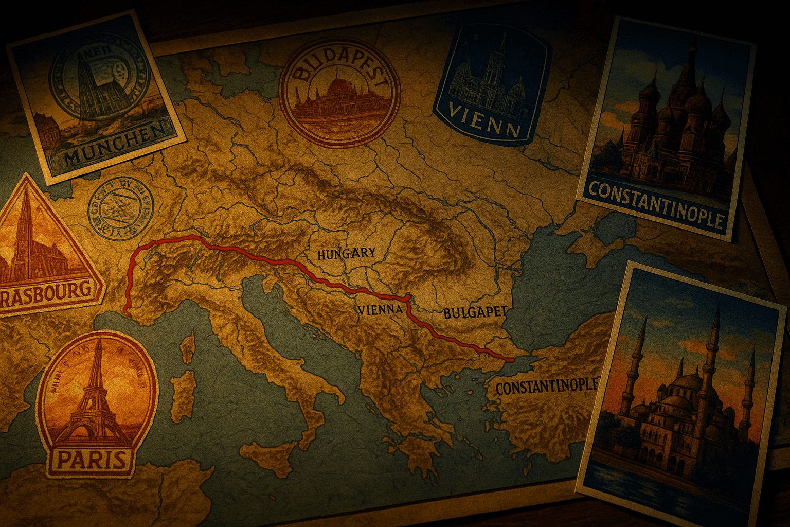 Mapa de la ruta del Orient Express con elementos de viaje vintage.
