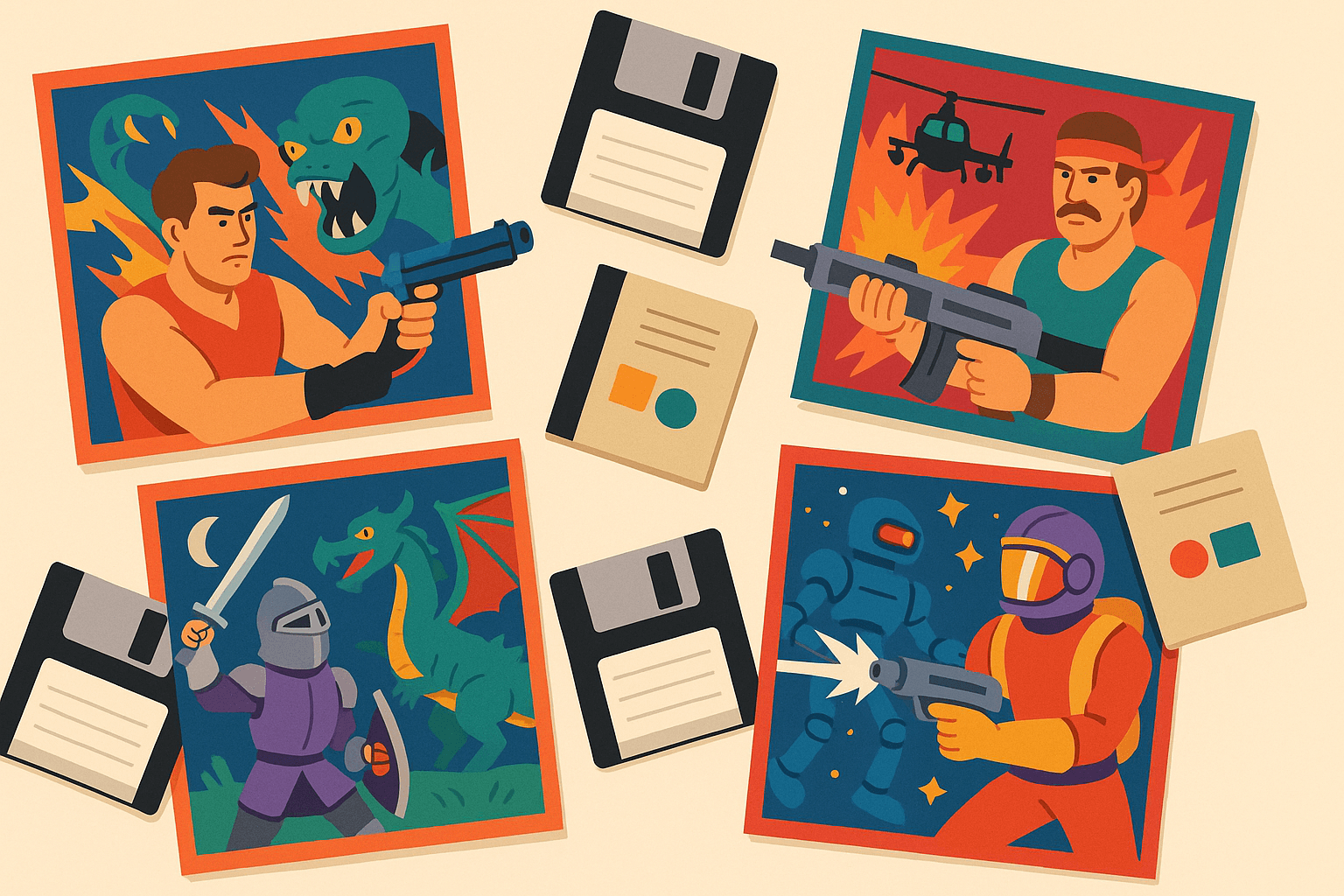 Collage de portadas de juegos DOS, disquetes y manuales que ilustran la era del shareware
