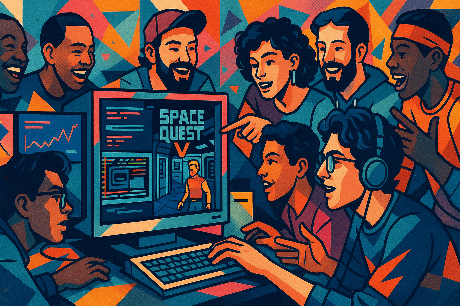 A group of speedrunners collaborating around Space Quest V strategies.