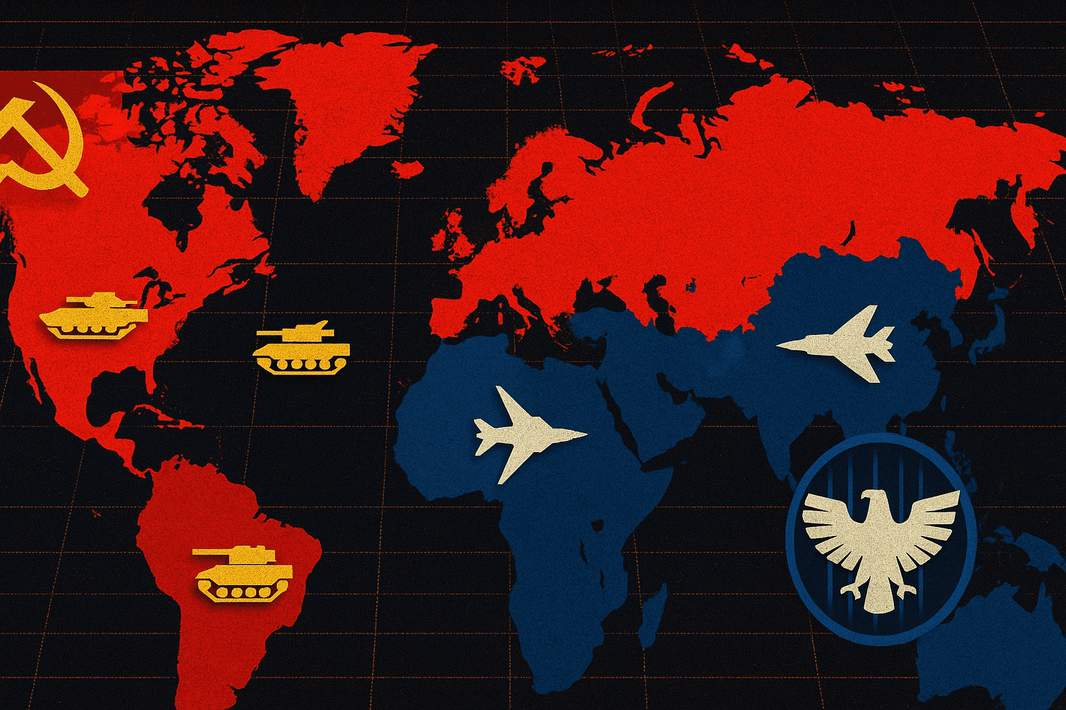 Mapa de historia alternativa que muestra los territorios soviéticos y aliados de Red Alert.