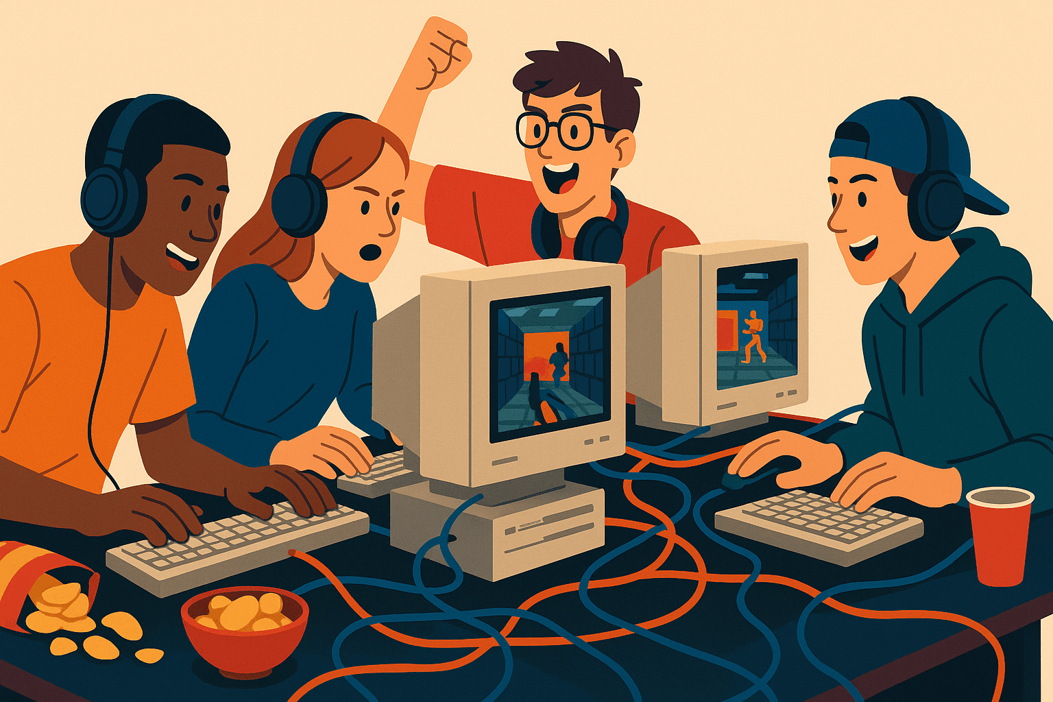 Amigos disfrutando de una fiesta LAN en los años 90, rodeados de computadoras y bocadillos.