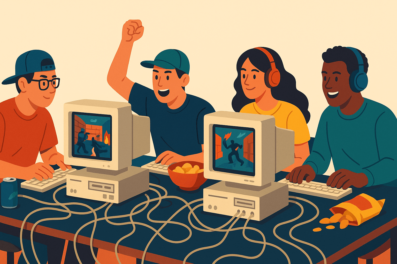 Amigos disfrutando de una fiesta LAN en los años 90, rodeados de computadoras y bocadillos.