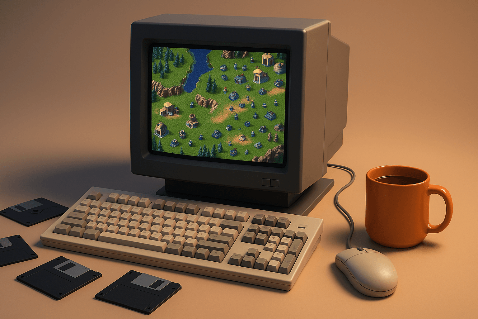 Un conjunto de juegos vintage de los 90 con un monitor CRT que muestra un juego de estrategia y disquetes.