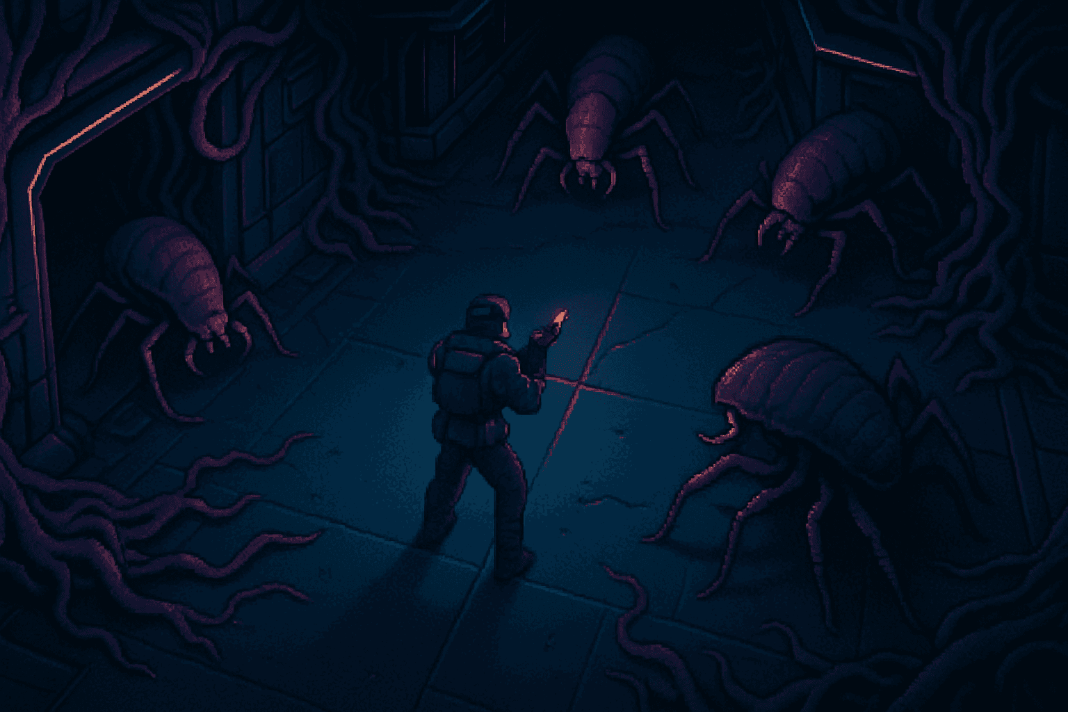 Un oscuro pasillo infestado de alienígenas en Alien Breed: Tower Assault, evocando tensión y atmósfera.