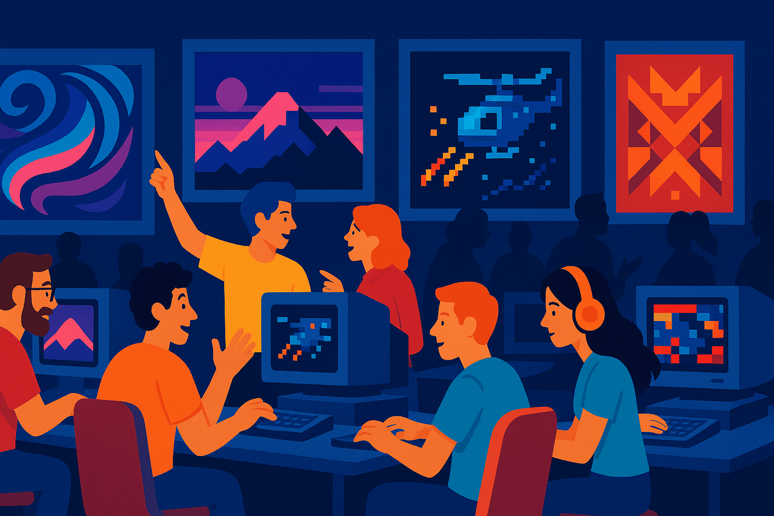 Evento de la demosfera con arte digital y desarrolladores