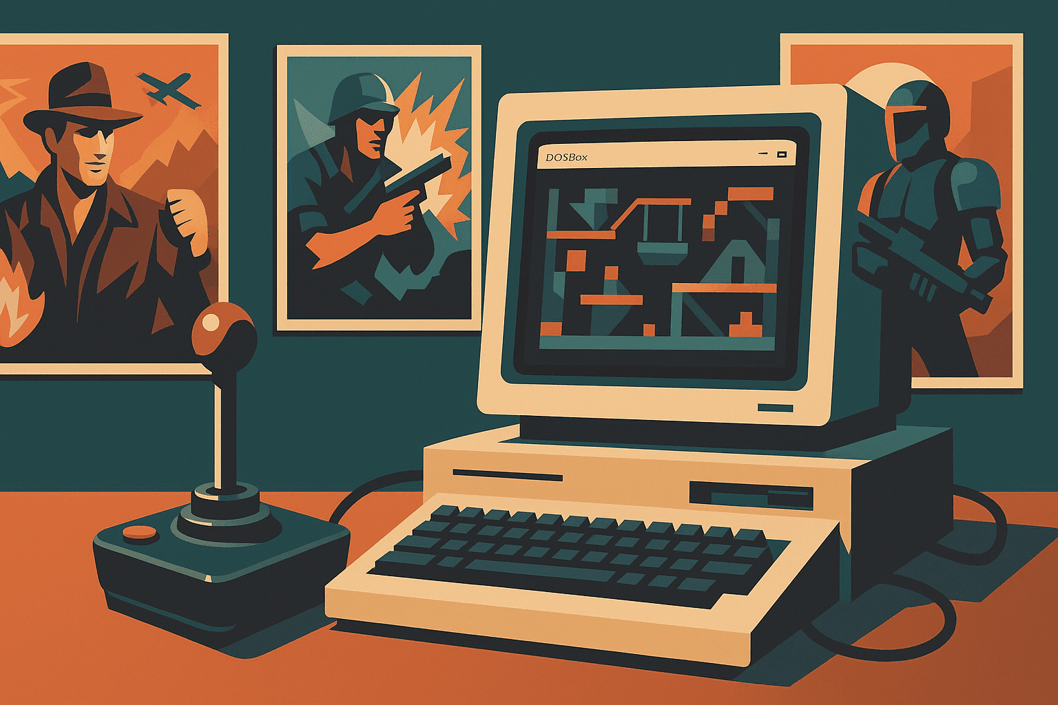 A retro gaming setup with DOSBox on a modern computer and classic gaming accessories.