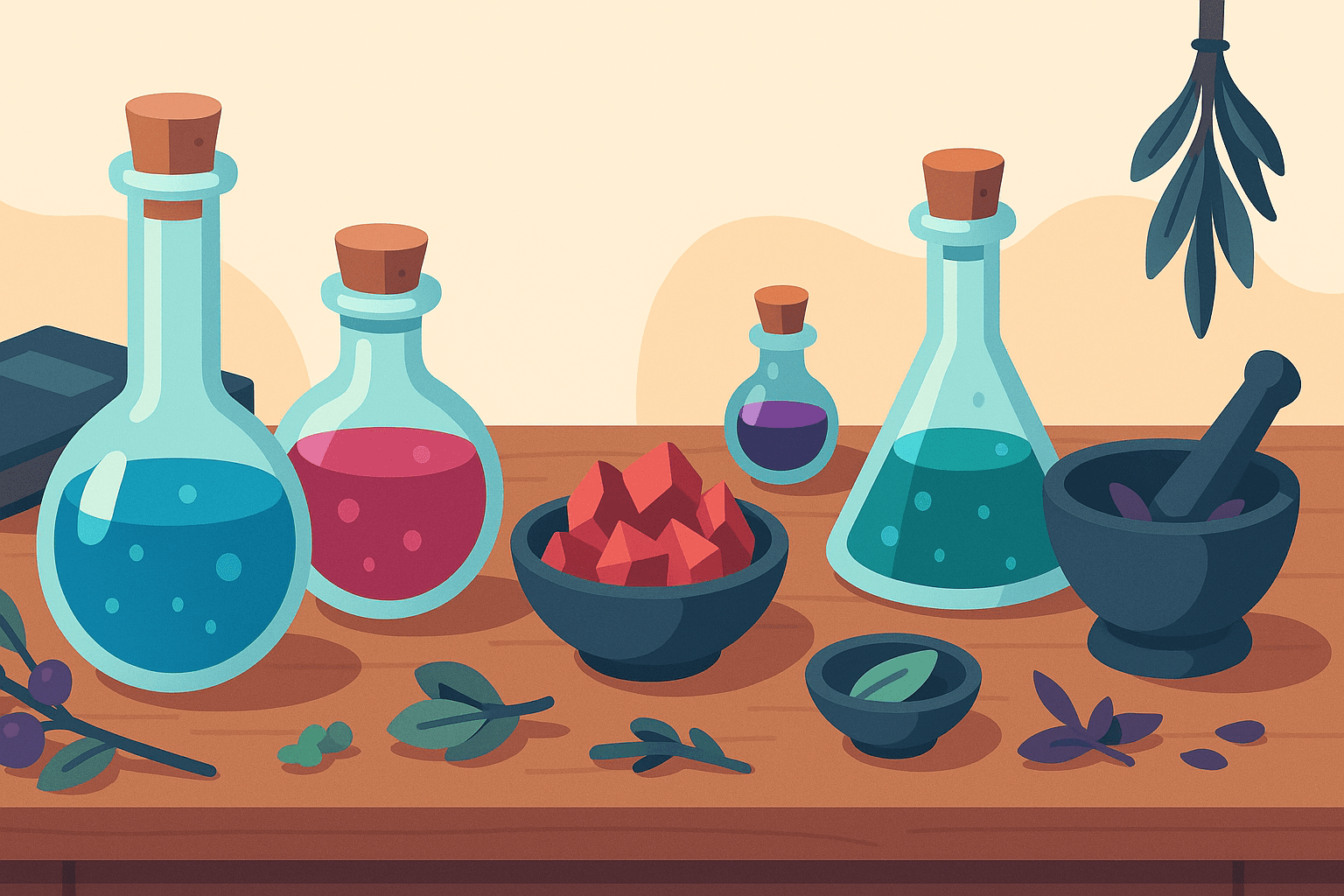 Potion table with colorful potions and ingredients, representing alchemy in The Legend of Kyrandia.