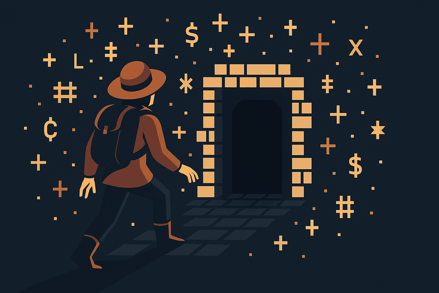 Adventurer entering a pixelated dungeon with glowing ASCII symbols.