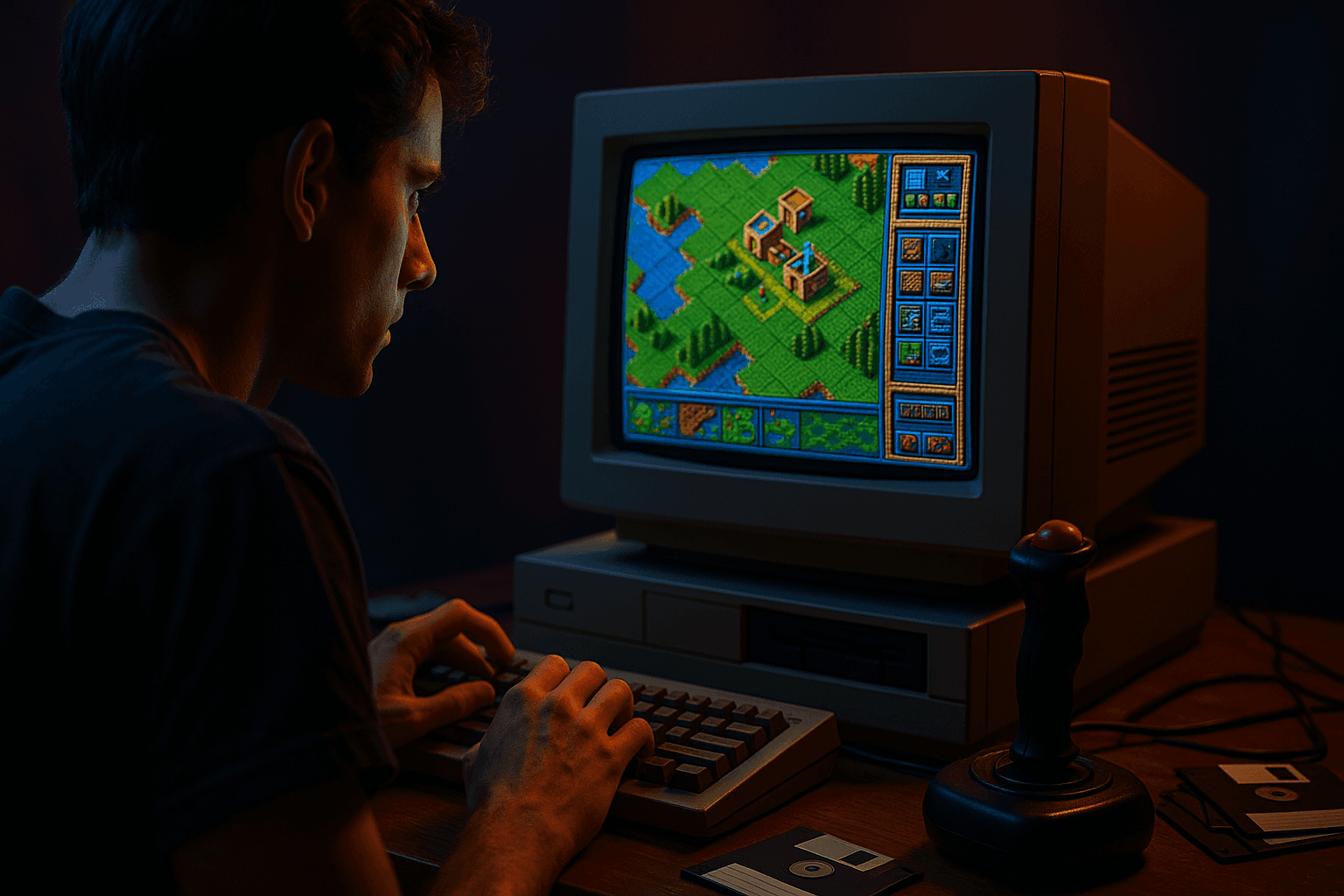 Player engrossed in a DOS game on a vintage CRT monitor.