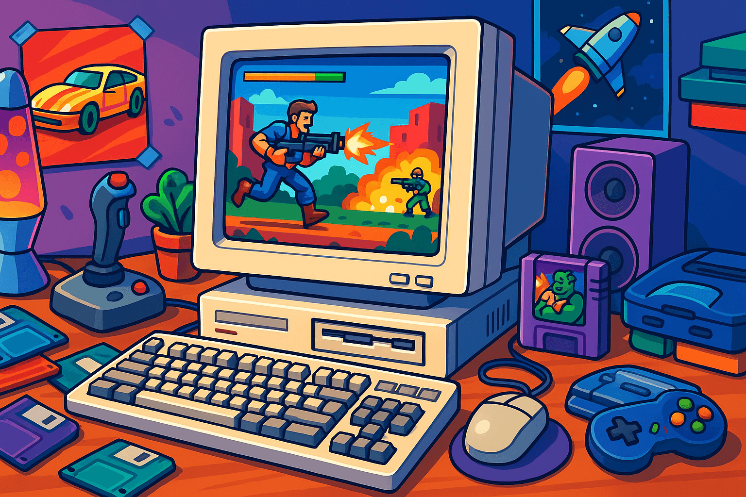 90s computer desk with DOS game and retro gaming memorabilia.