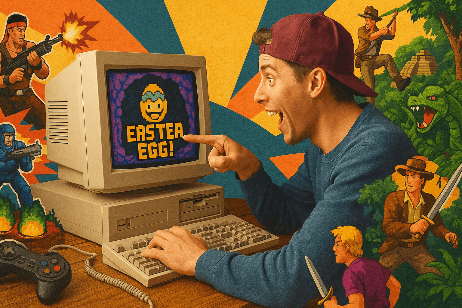 A gamer discovering an Easter egg on a DOS computer, surrounded by classic gaming items.