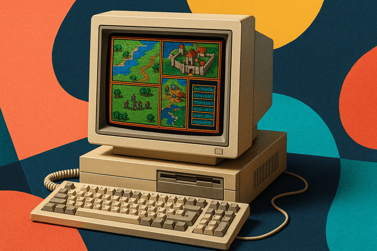 Vintage gaming setup with CRT monitor displaying DOS game
