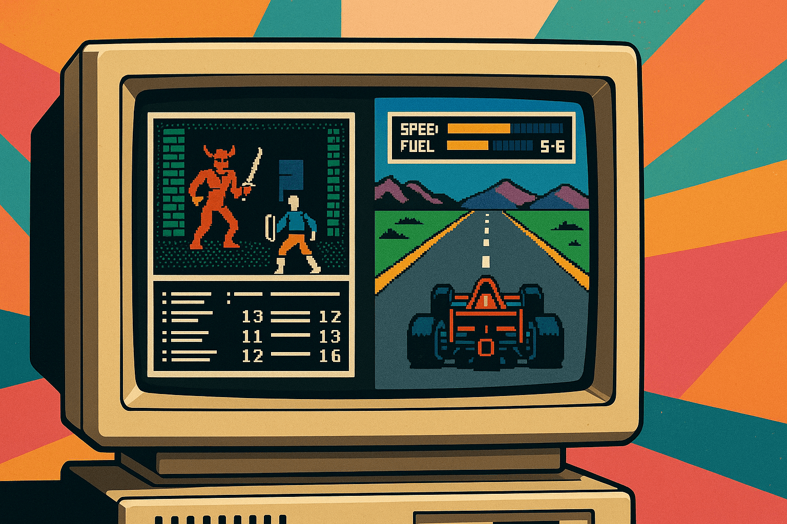 Vintage computer with text and graphical RPGs on screen