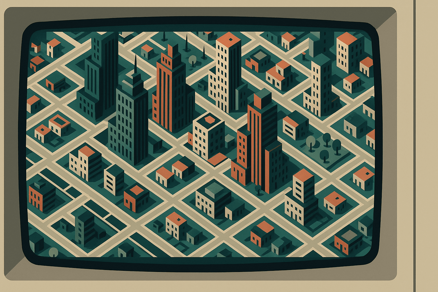 Vintage computer screen with SimCity layout