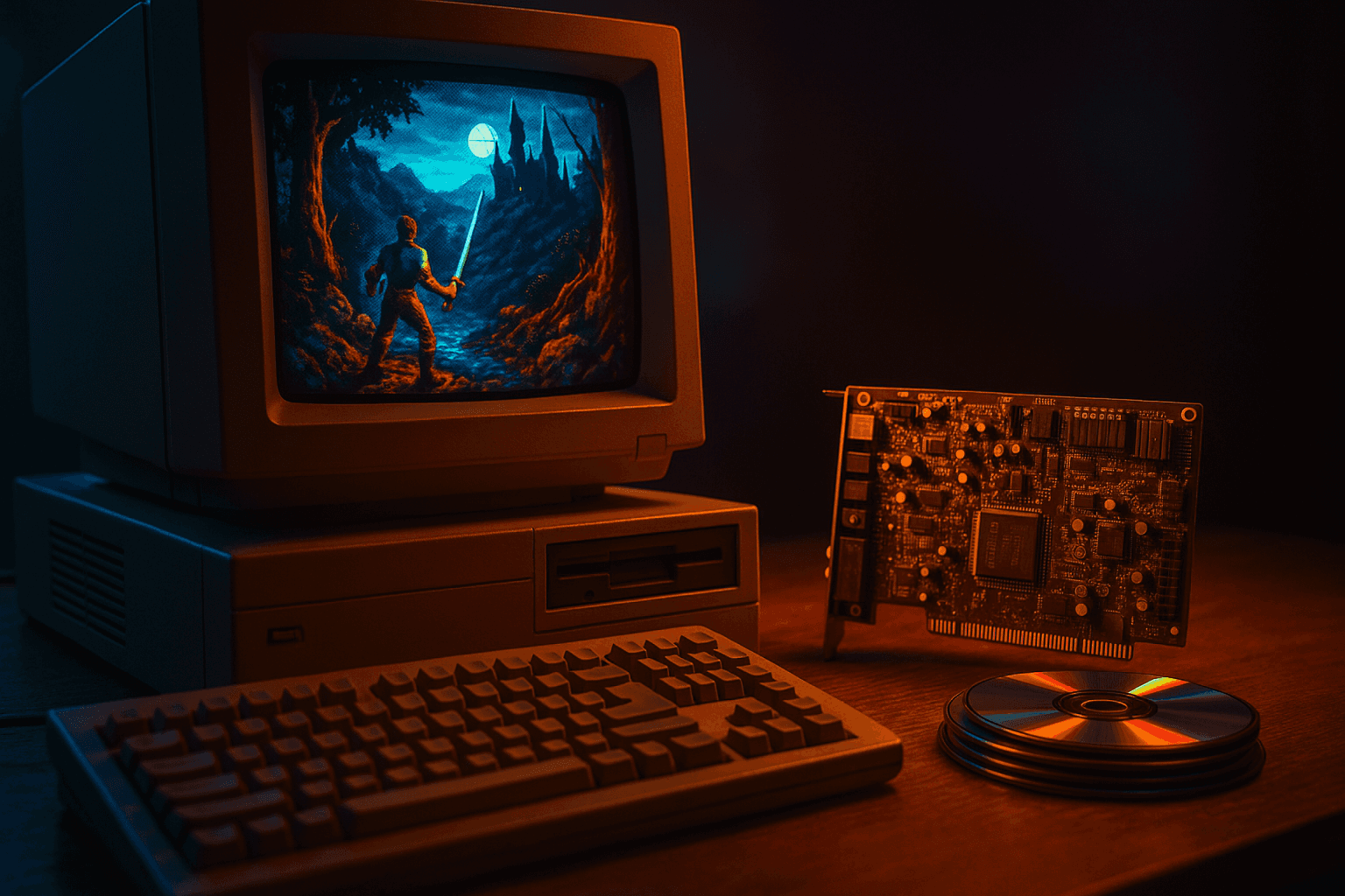 DOS computer with Sound Blaster and CD-ROMs.