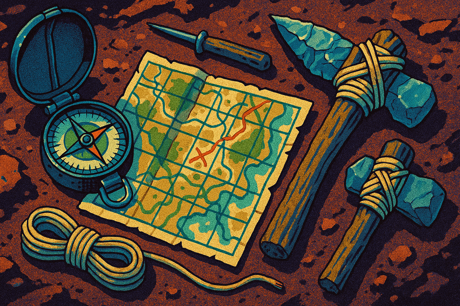 Kit de supervivencia con brújula y mapa sobre una superficie rugosa
