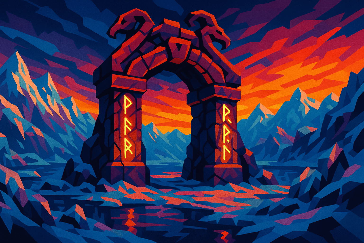 Norse-inspired gateway in an icy landscape with glowing runes