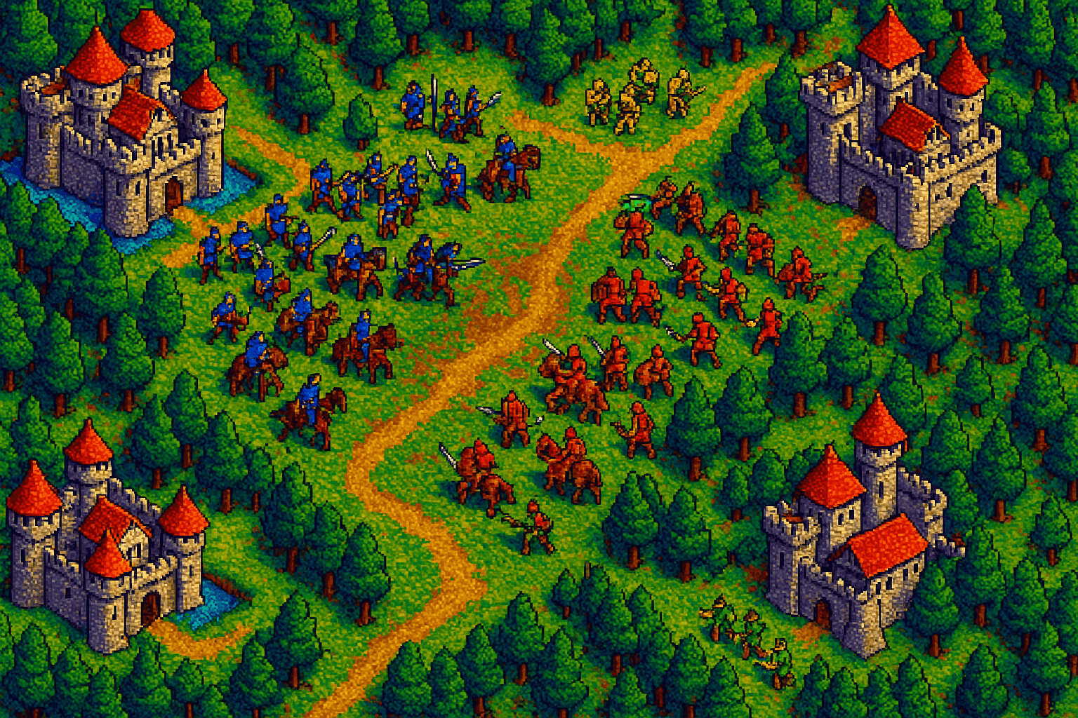 Mapa isométrico de un juego de estrategia de 1996 que muestra castillos medievales y unidades de batalla.