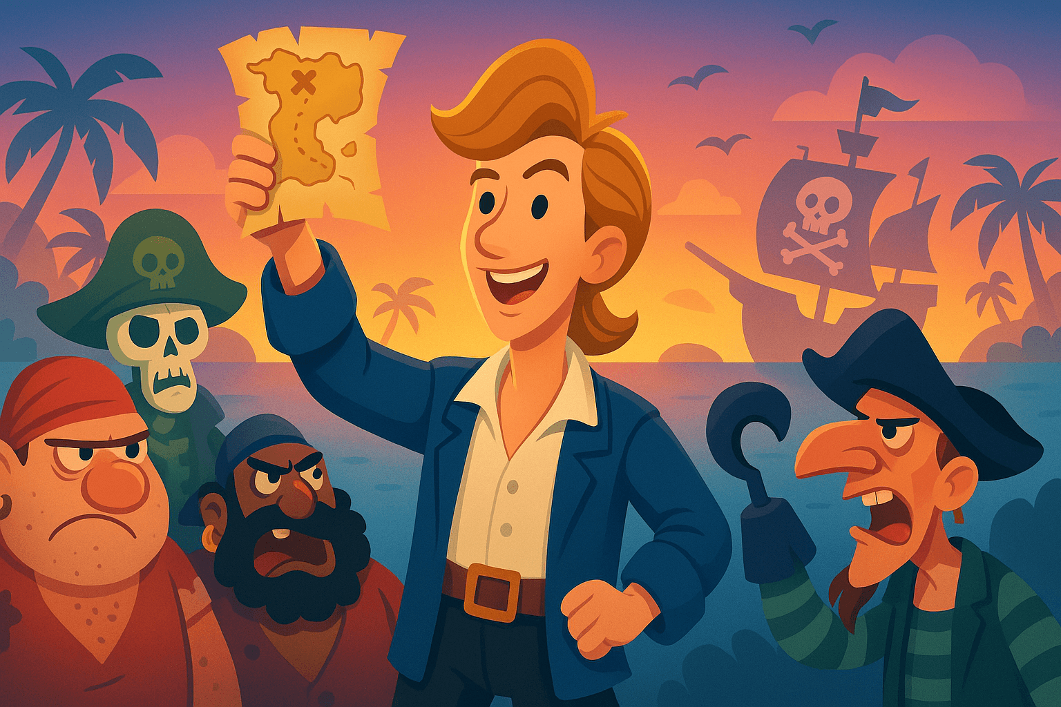 Guybrush Threepwood with treasure map and pirates.