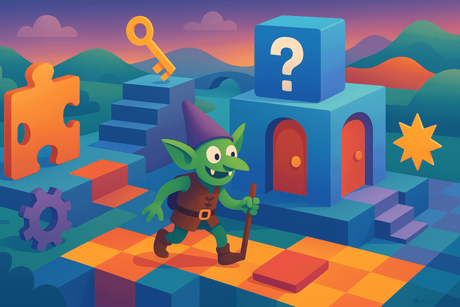 Whimsical goblin in a colorful adventure game scene