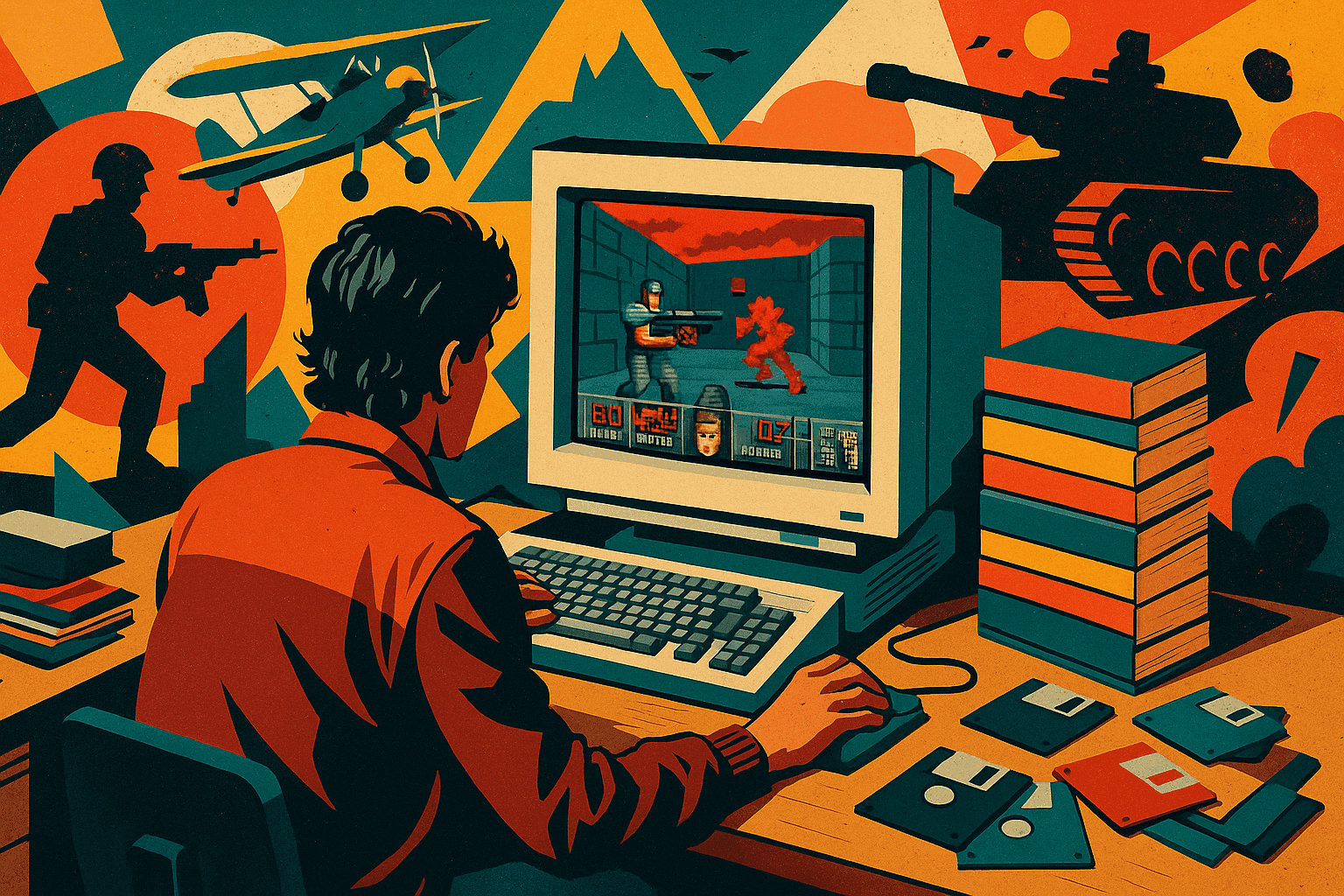 Gamer in the 90s playing a DOS game on a CRT monitor surrounded by floppy disks.