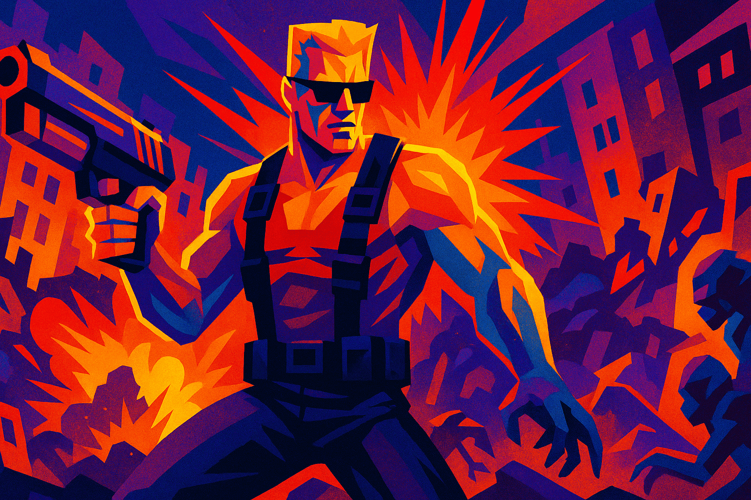 Duke Nukem in action, showcasing his iconic style and weaponry.