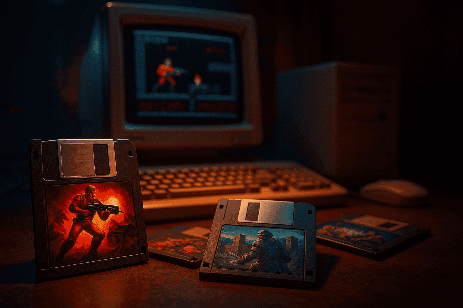 90s gaming setup with floppy disks and vintage computer
