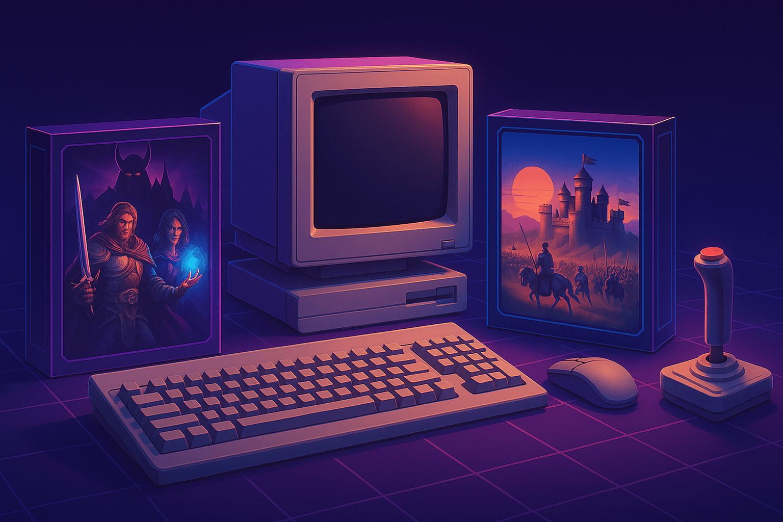 Cubiertas icónicas de juegos DOS de 1994 rodeadas de equipo de videojuegos vintage.