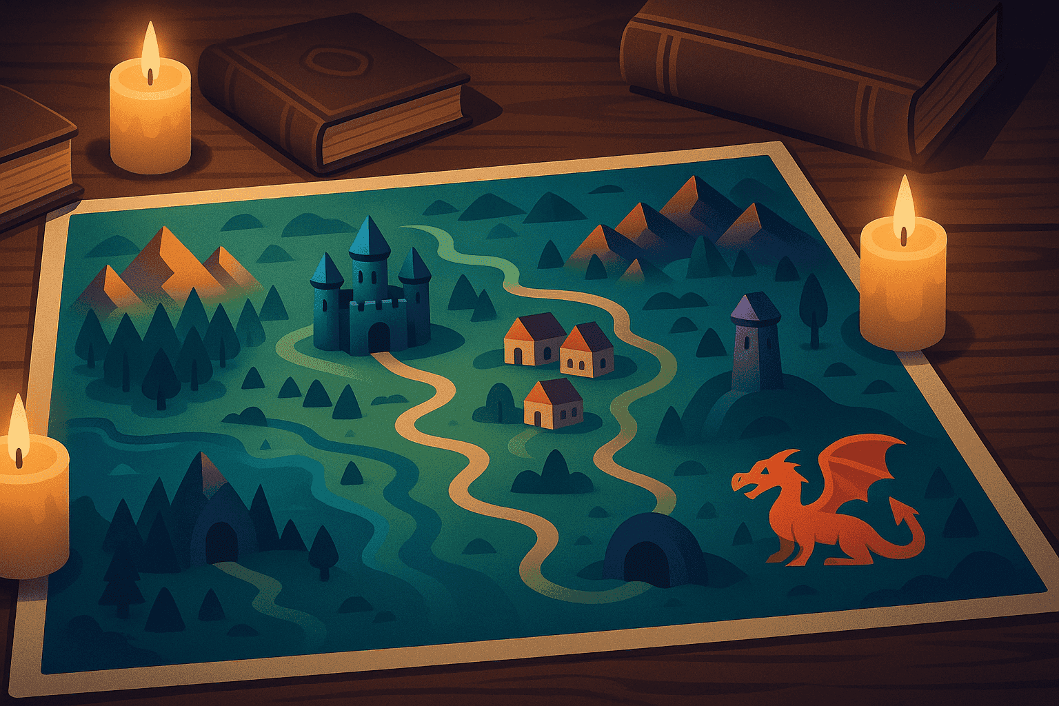 A detailed dungeon map with candles and ancient tomes.