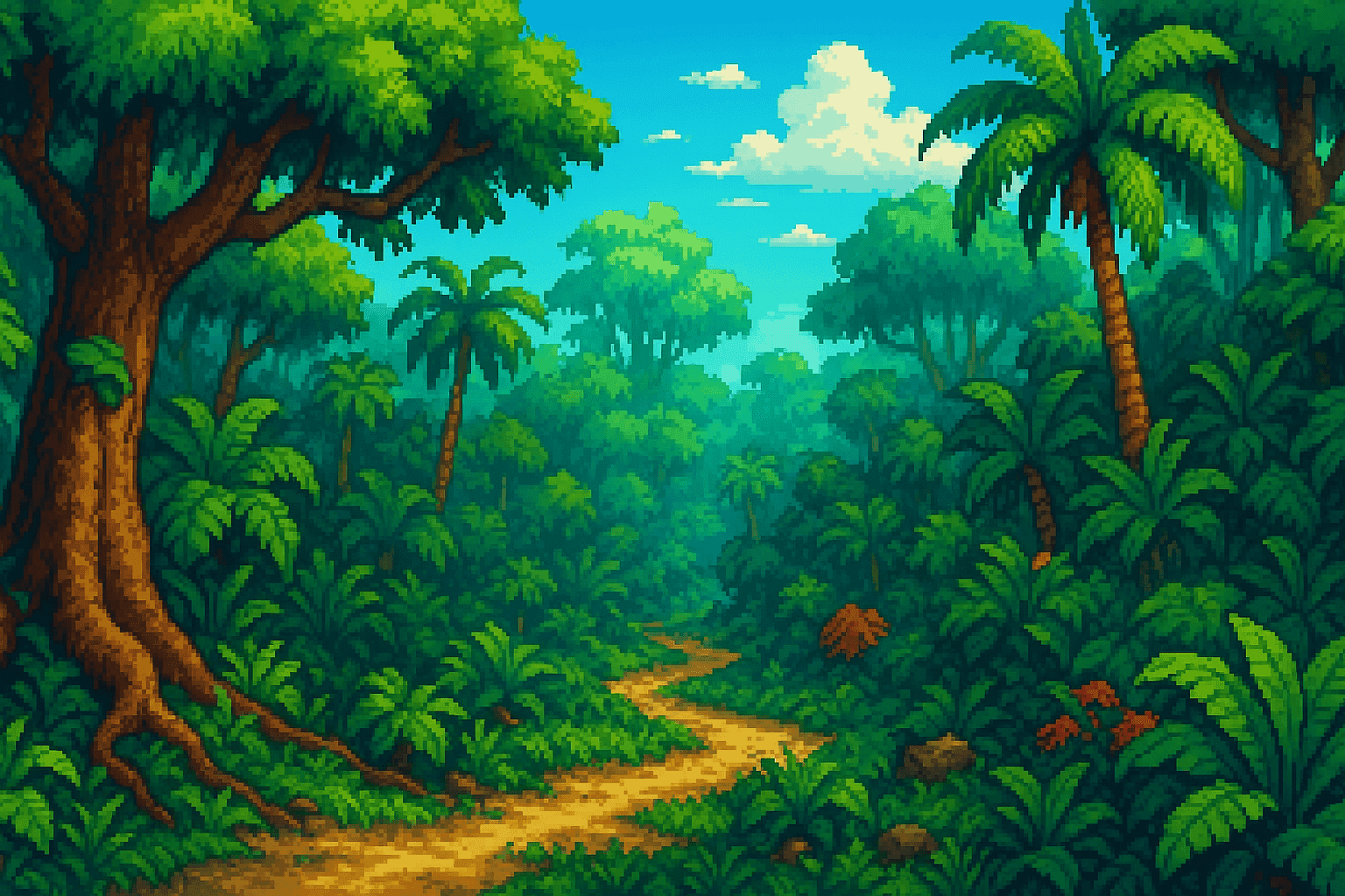 Escena vibrante de jungla de un juego de arte en píxeles de DOS