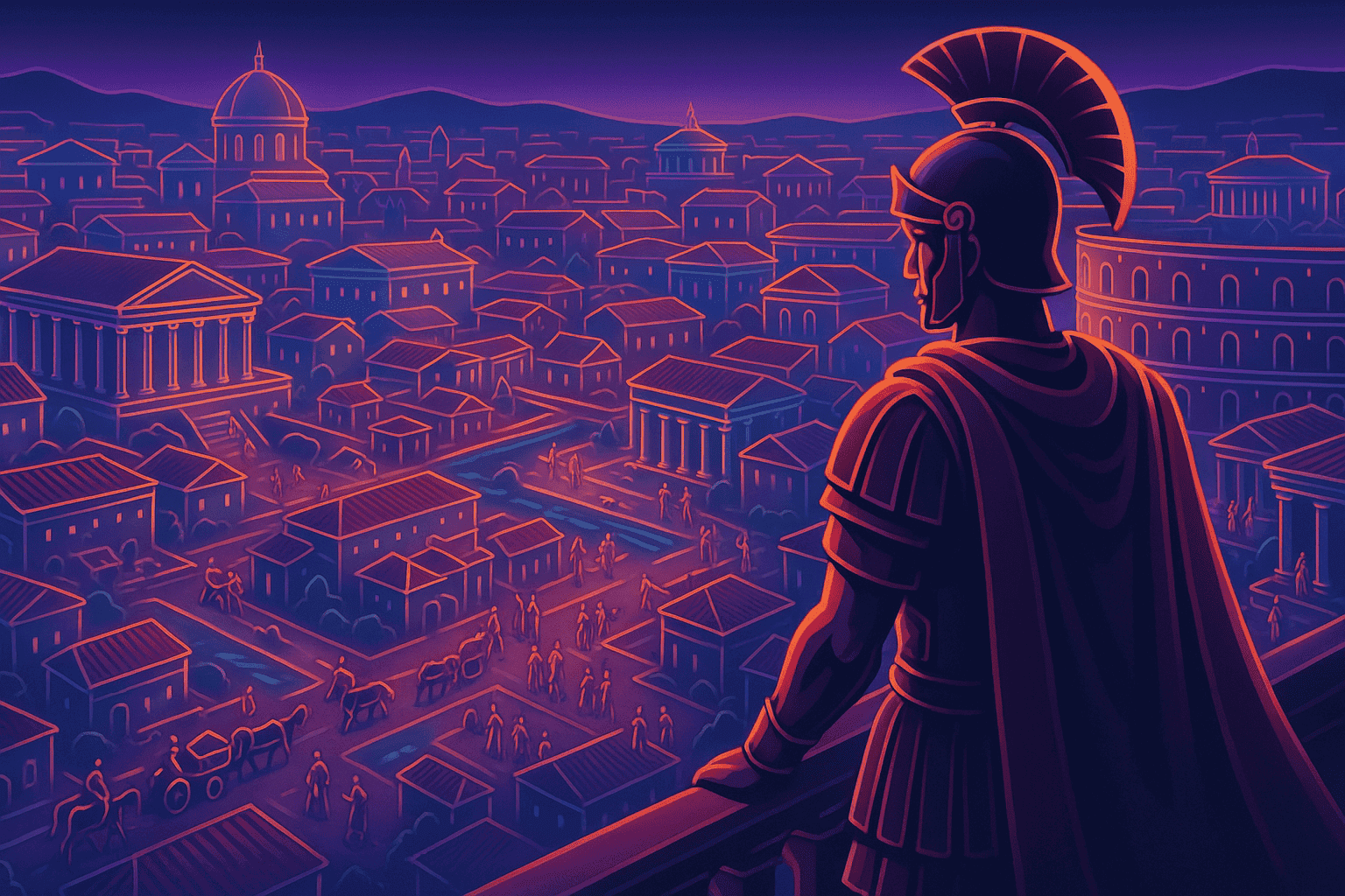 General romano observando una bulliciosa ciudad antigua, simbolizando estrategia y imperio.