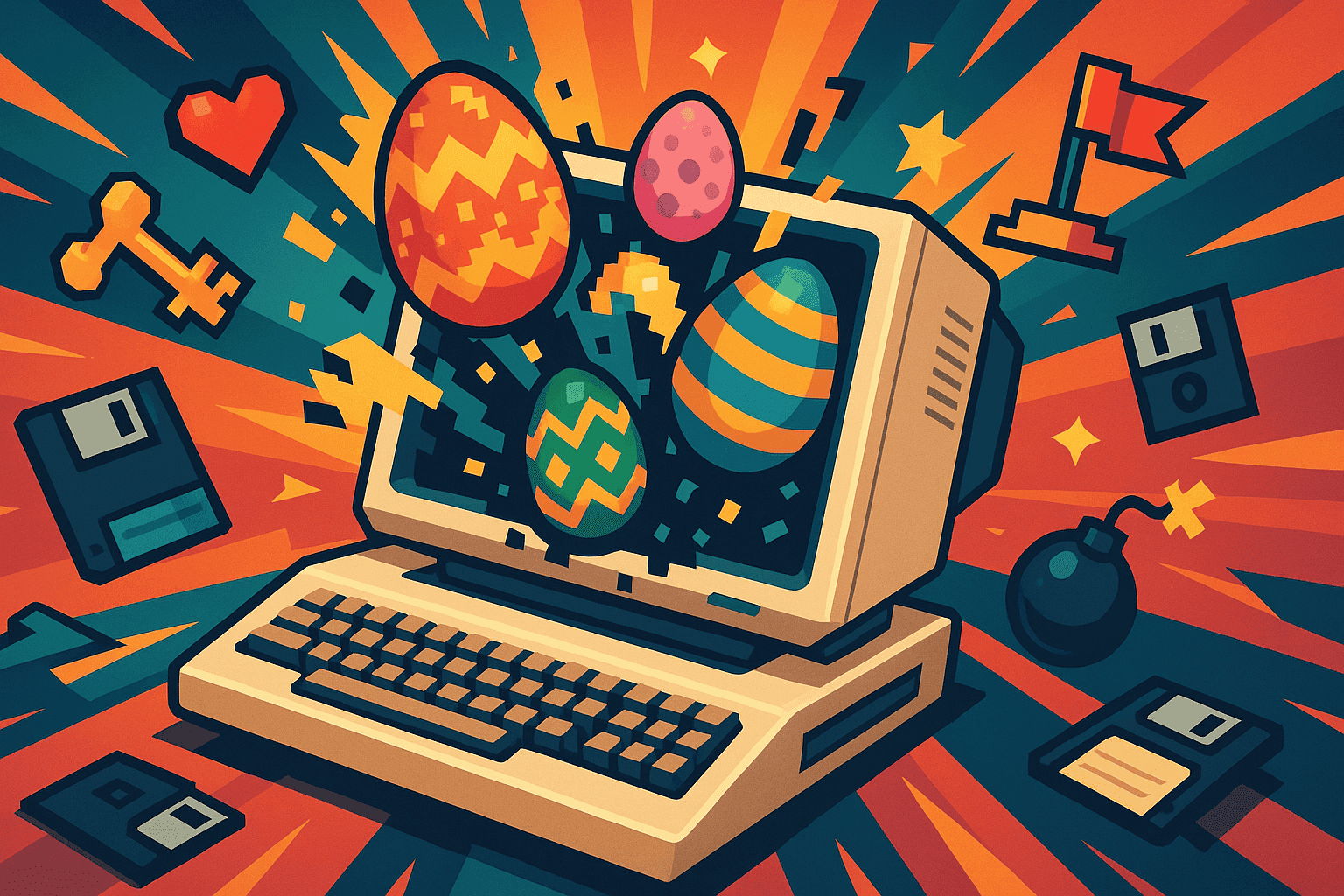 Computadora vintage con huevos de Pascua pixelados y artefactos de juegos de DOS