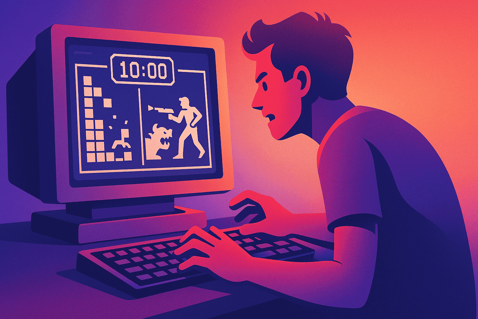 Jugador disfrutando de un juego de DOS de ritmo rápido con un temporizador que cuenta regresivamente desde 10 minutos.