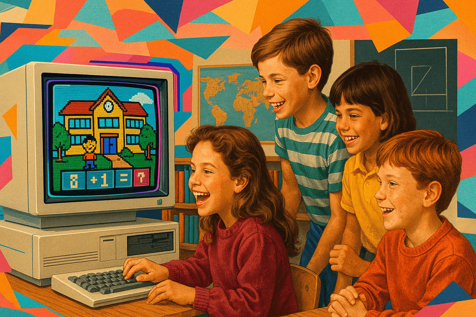 Niños en la década de 1980 jugando un juego educativo de DOS en una computadora vintage.