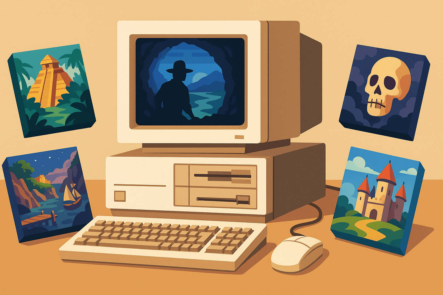 Sierra and LucasArts game covers next to a vintage computer.